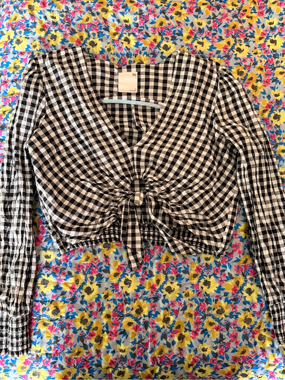 SO Black & White Gingham Tie-Front Crop Top